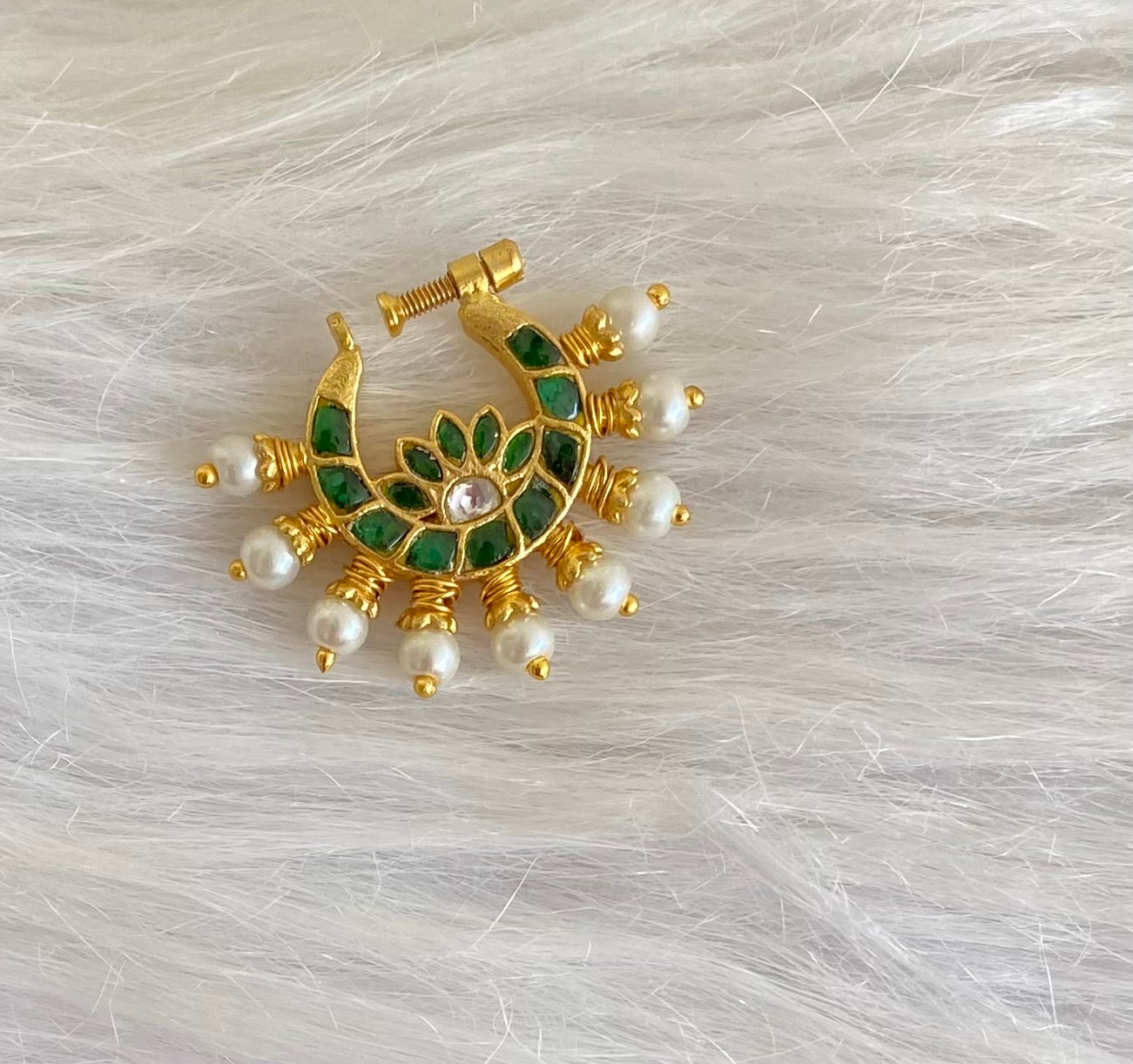 Gold tone kundan jadau green-white stone pearl nose pin dj-53716