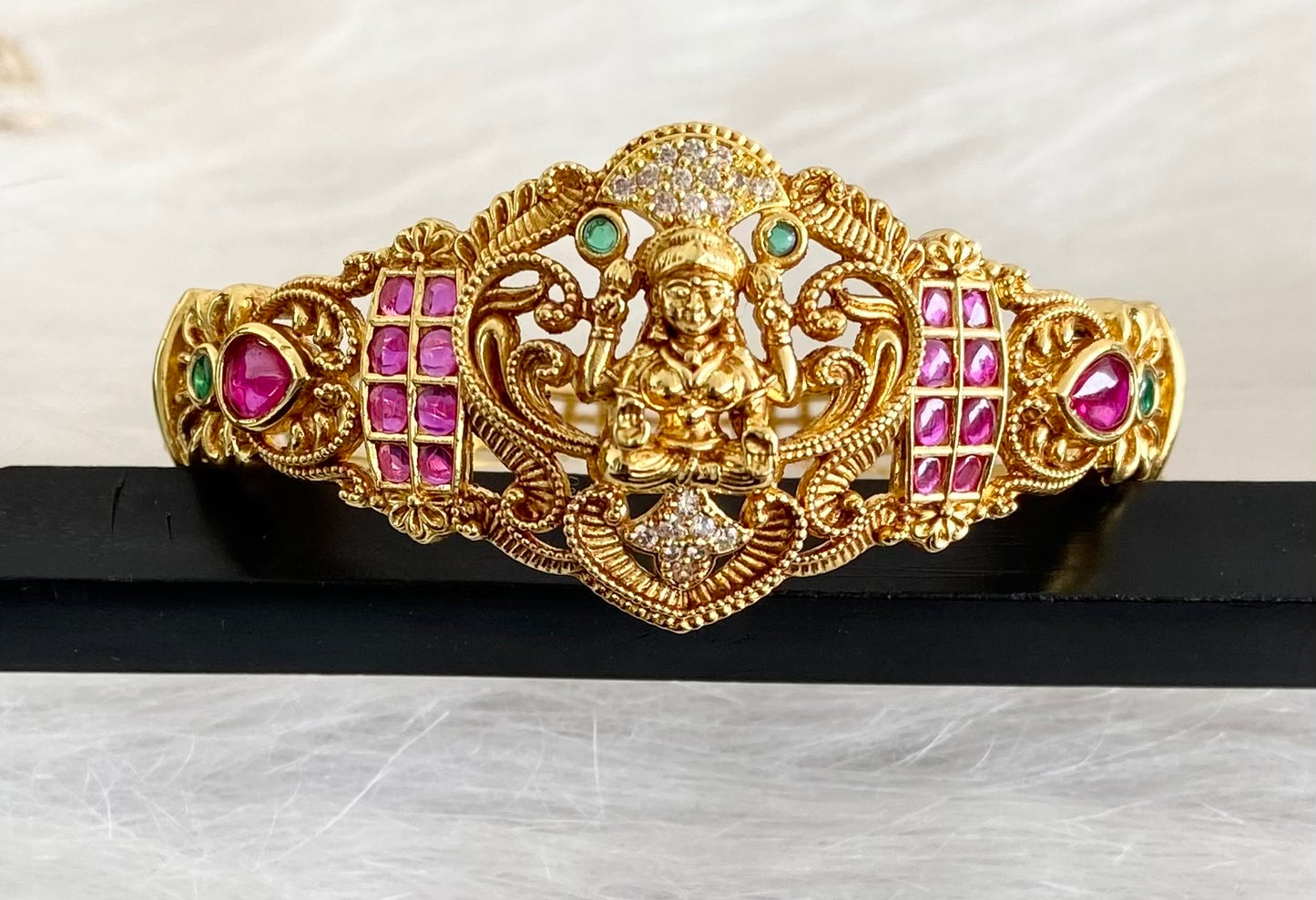 Antique gold tone pink-green-white lakshmi openable kada/bracelet dj-53974