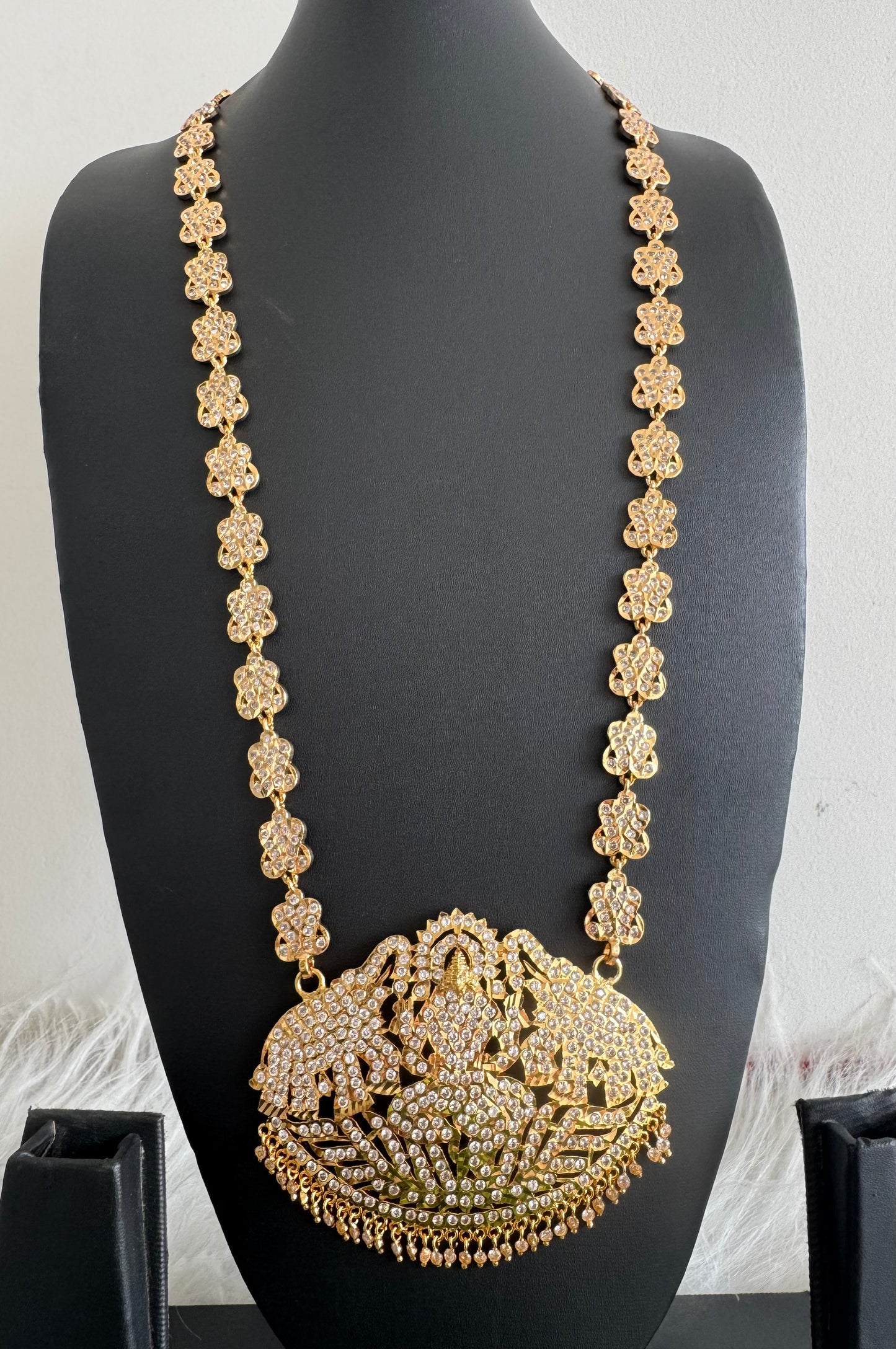 Gold tone south indian style grand AD white gaja lakshmi haar dj-51188