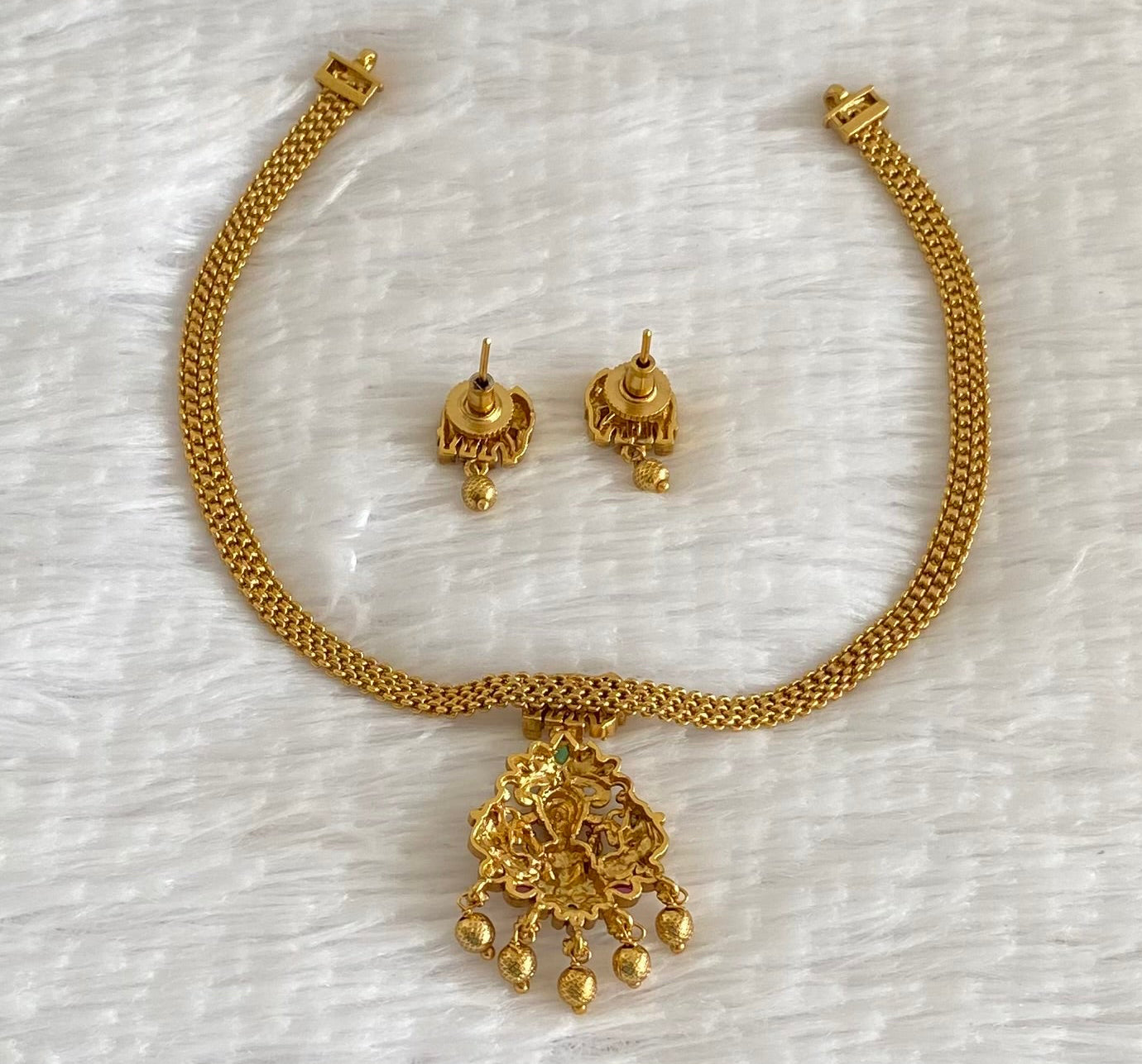 Antique gold tone kemp-green lakshmi elephant necklace set dj-54071