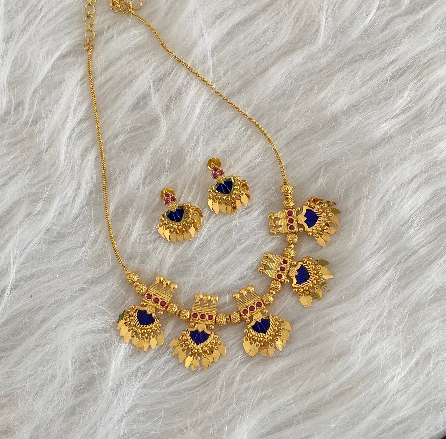 Gold tone kerala style pink-blue palakka elakka necklace set dj-54551