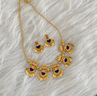 Gold tone kerala style pink-blue palakka elakka necklace set dj-54551