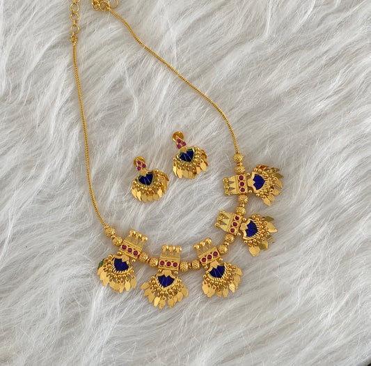Gold tone kerala style pink-blue palakka elakka necklace set dj-54551