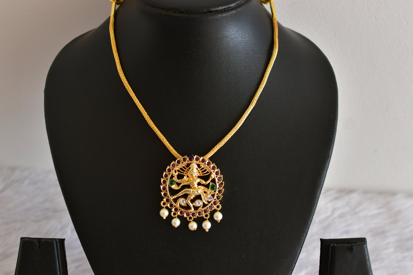 Gold tone precious kemp-green pearl Shri Natarajar necklace dj-52254