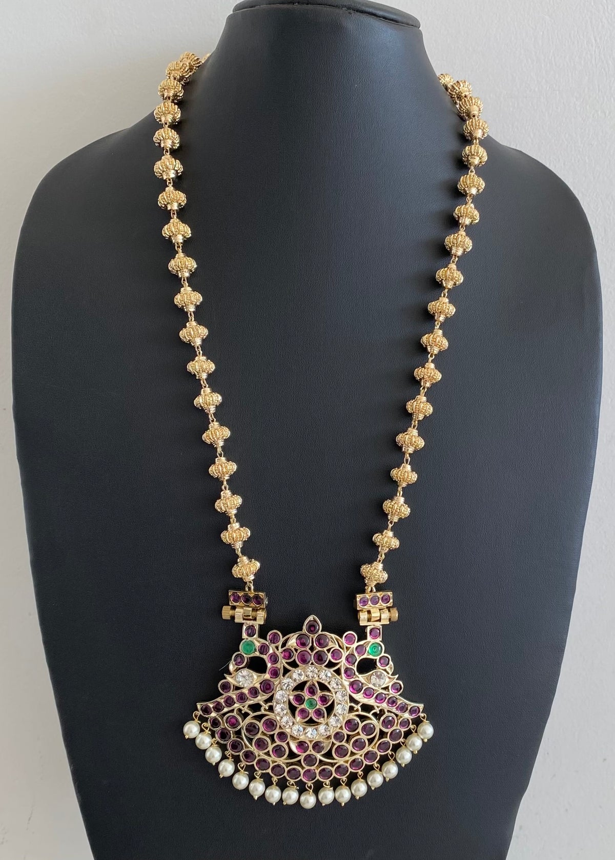 Gold tone precious kemp-green-white peacock flower nakshi beaded haar dj-54731