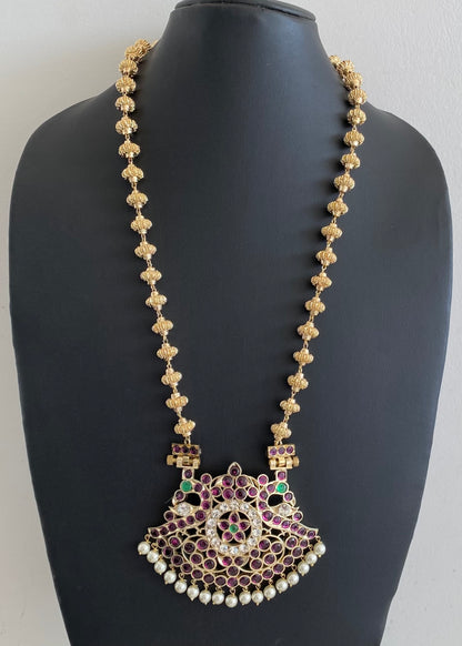 Gold tone precious kemp-green-white peacock flower nakshi beaded haar dj-54731