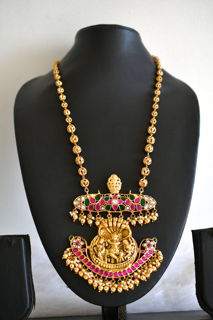 Antique gold tone pink-green kundan jadau Shri Krishna pendant necklace dj-52604