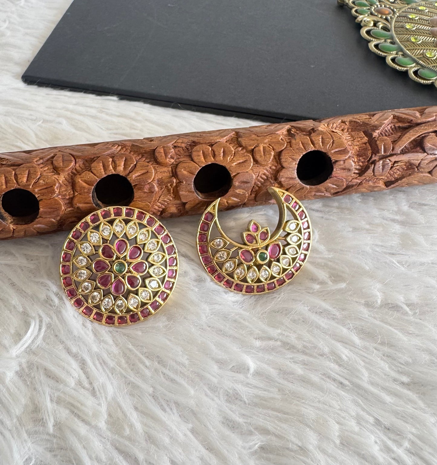 Antique gold tone kemp-green-white sun moon hair jewel dj-52019