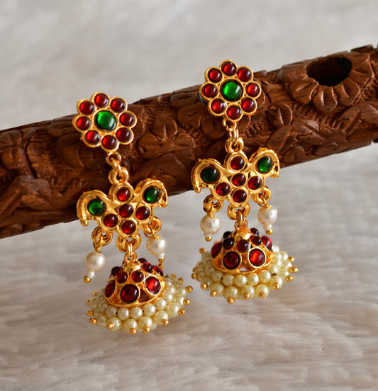 Gold tone kemp-green pearl long jhumkka dj-51987