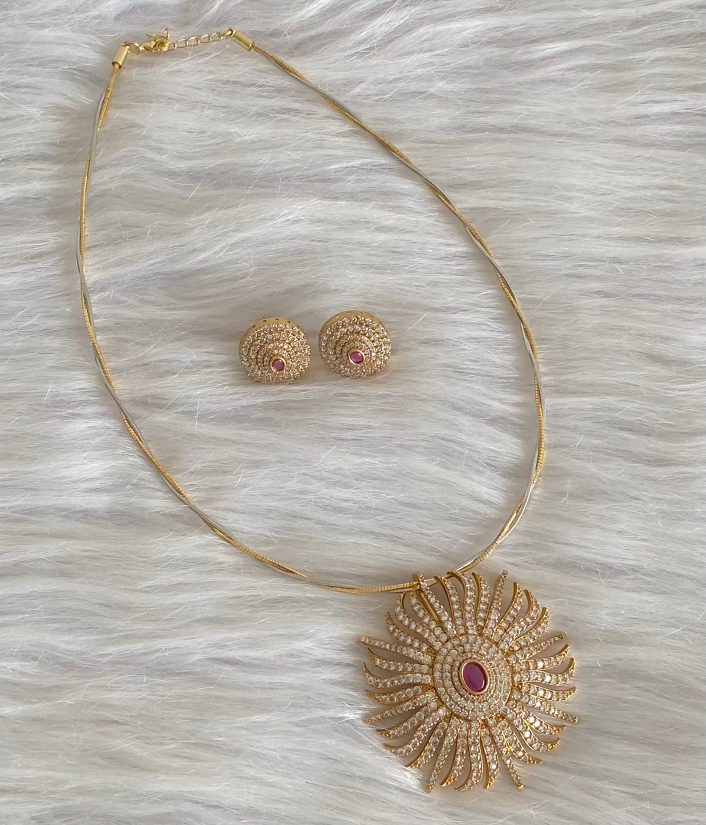 Two tone cz white-pink flower pendant set with kanti necklace dj-54247