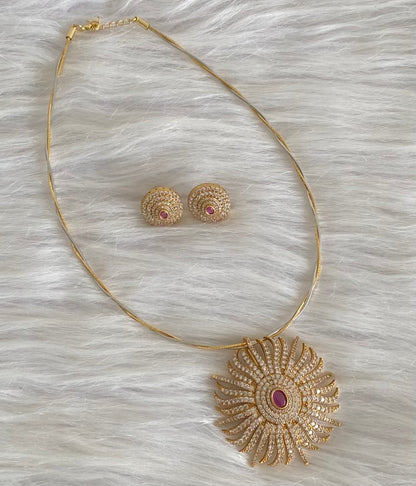 Two tone cz white-pink flower pendant set with kanti necklace dj-54247