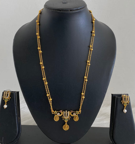 Antique gold tone 18 inches chain thirumal nama-peacock-lakshmi pendant set dj-55009
