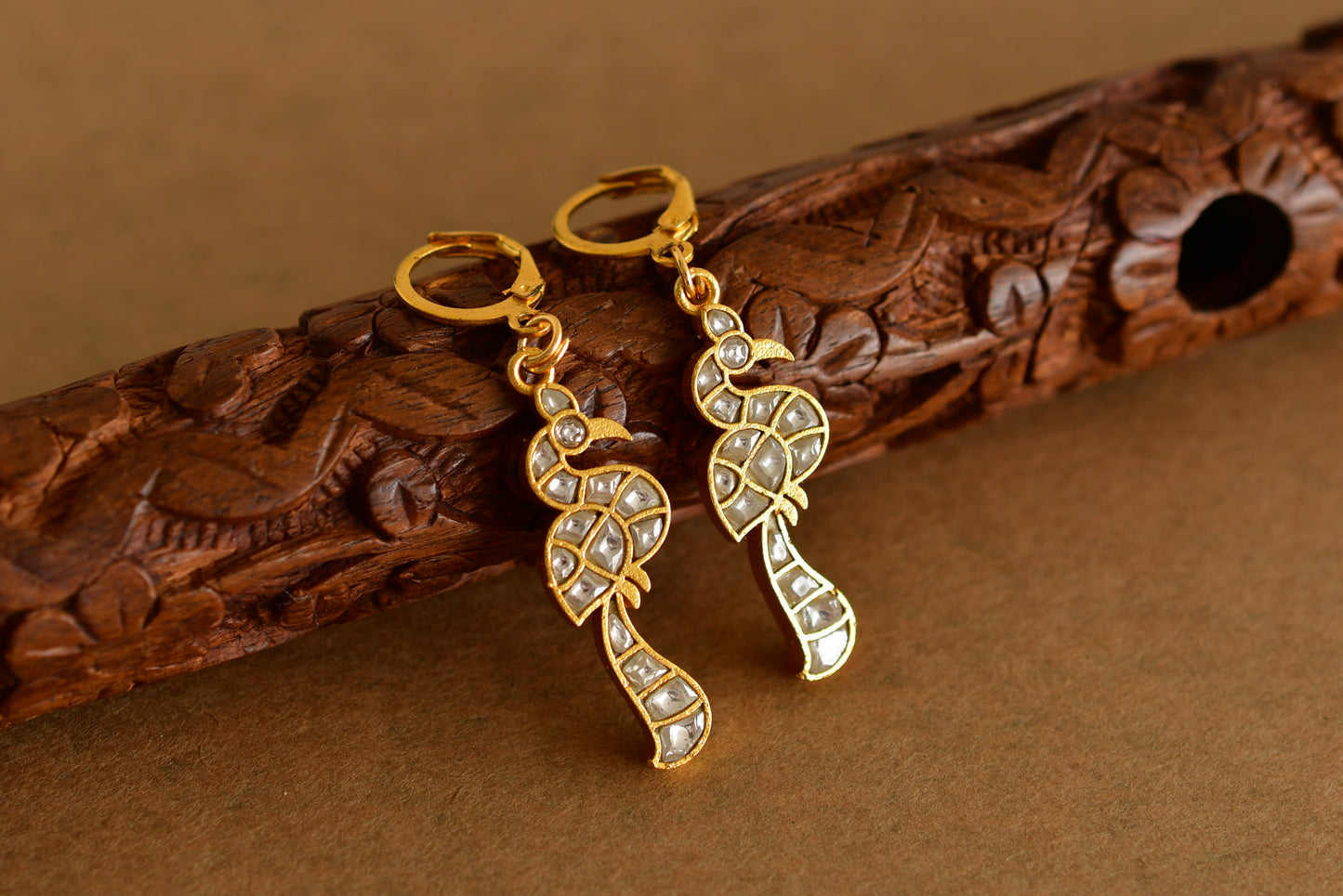 Gold tone white kundan jadau peacock hook earrings dj-51989