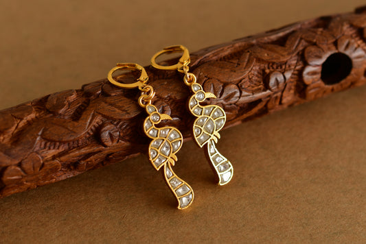 Gold tone white kundan jadau peacock hook earrings dj-51989