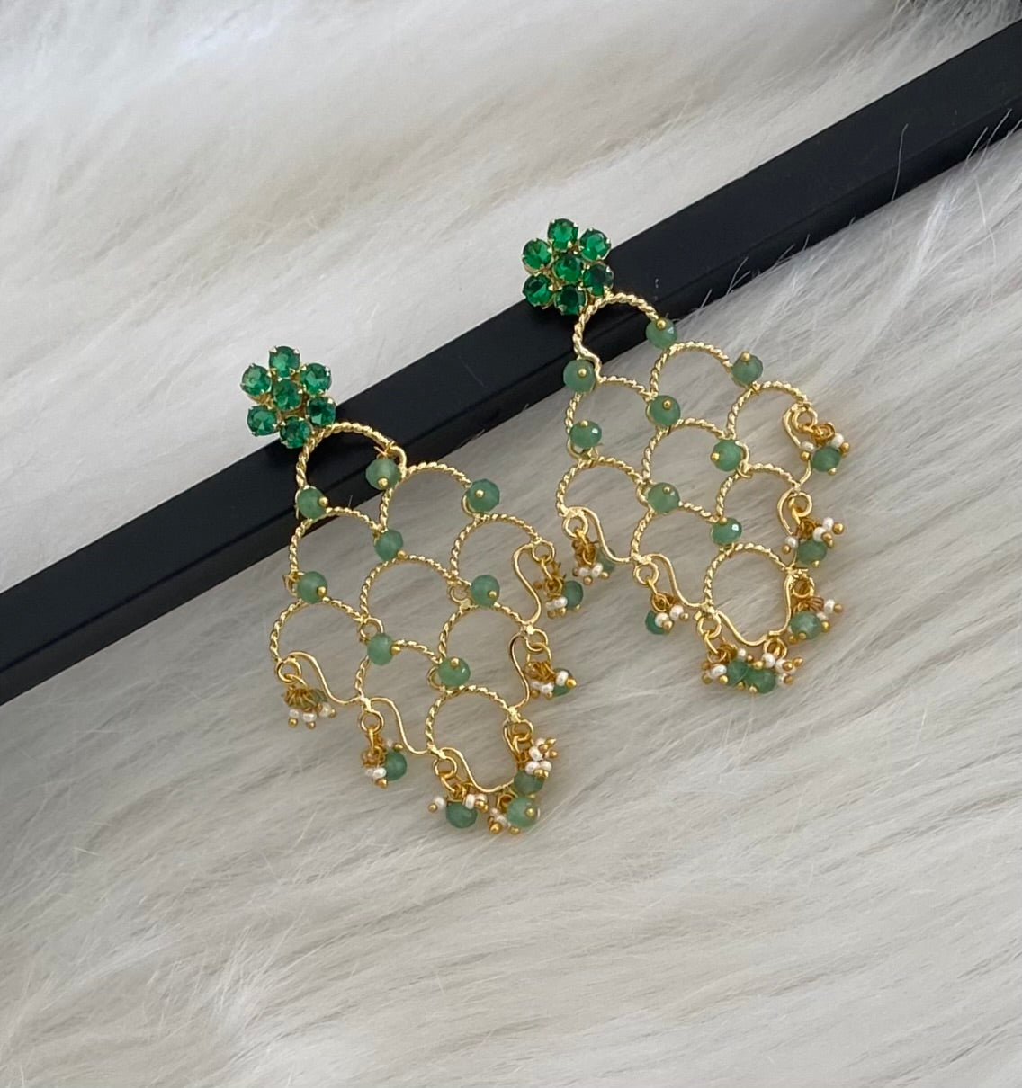Gold tone green stone green beaded long earrings dj-54644