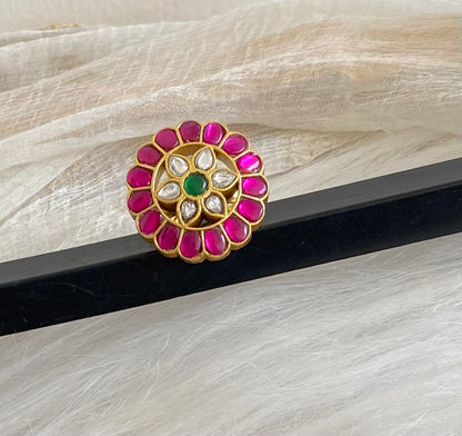 Gold tone pink-green-white kundan jadau round flower finger ring dj-54322