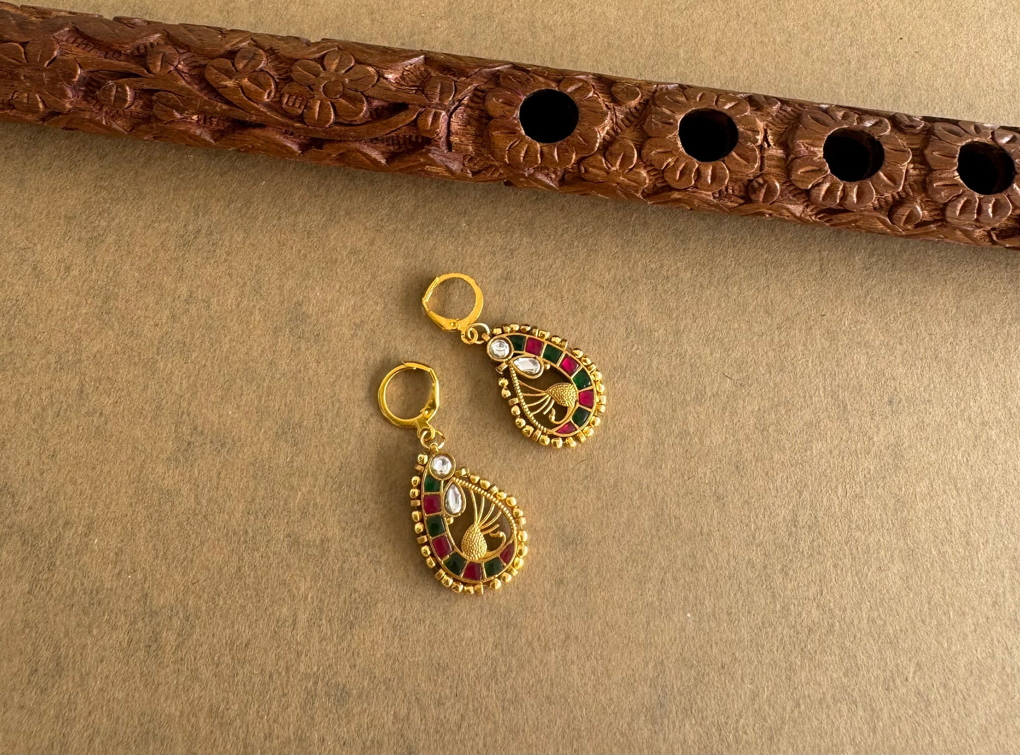 Gold tone pink-green-white kundan jadau peacock hook earrings dj-51526