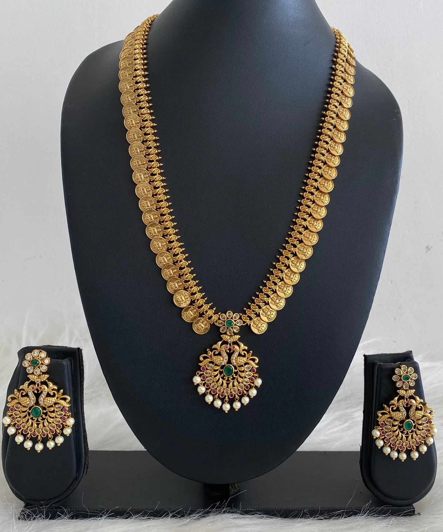 Antique gold tone kemp-green-white peacock pearl lakshmi coin haar set dj-54562