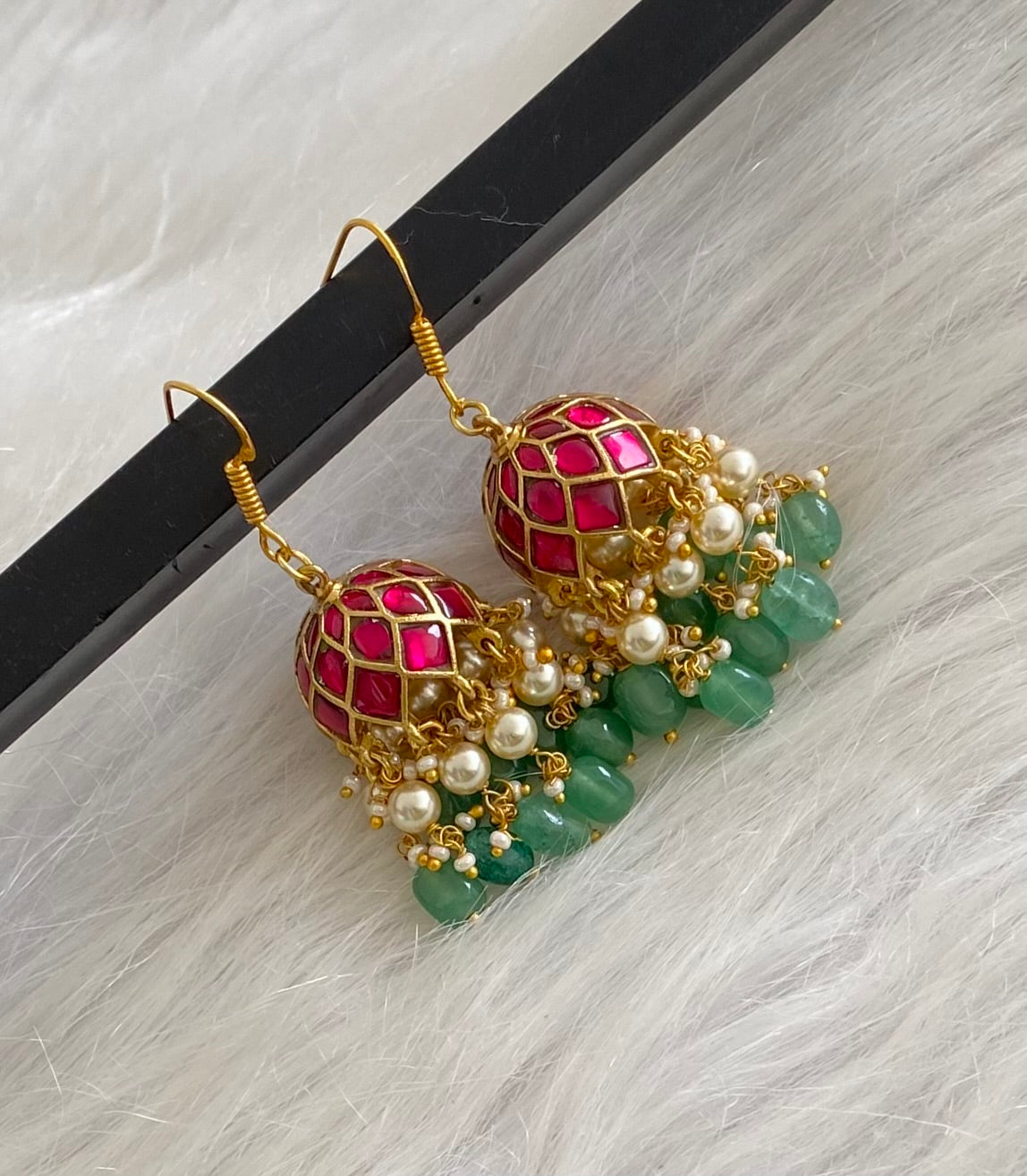 Gold tone pink kundan jadau green beaded pearl jhumkka dj-54256