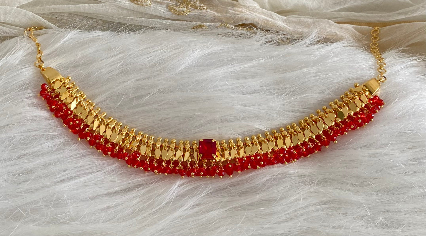 Gold tone Kerala style elakka red beaded choker necklace dj-54310