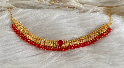 Gold tone Kerala style elakka red beaded choker necklace dj-54310
