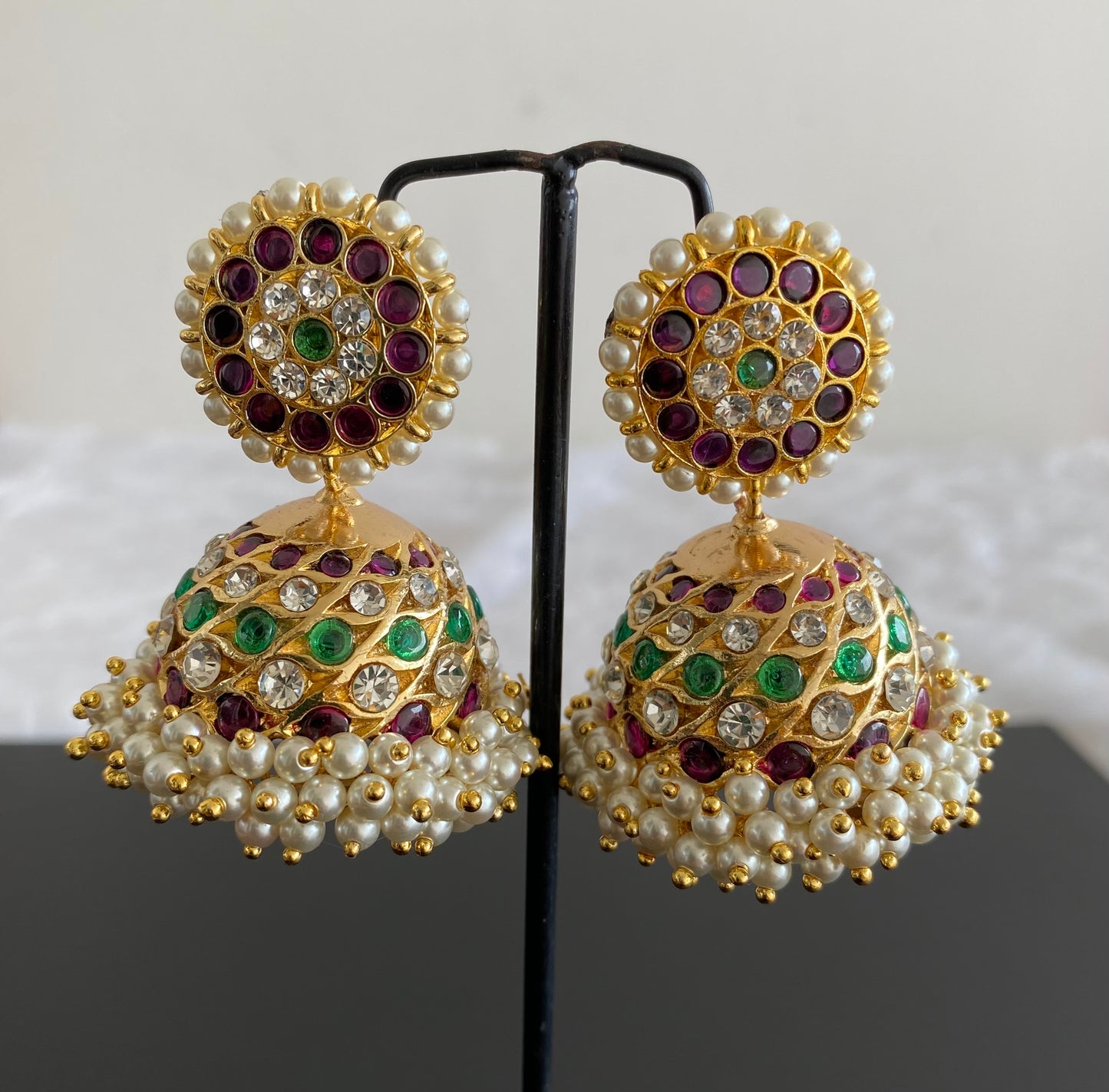 Gold tone precious kemp-green-white stone pearl big jhumkka dj-53215