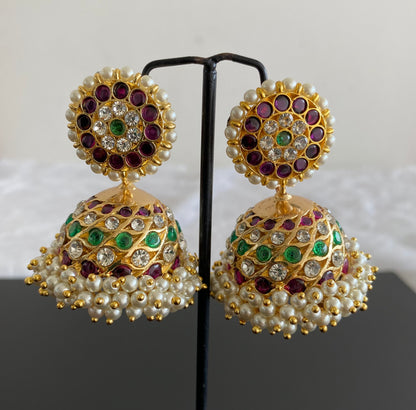Gold tone precious kemp-green-white stone pearl big jhumkka dj-53215