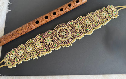 Gold tone precious kemp-green-white pearl sun-moon waist band dj-52305