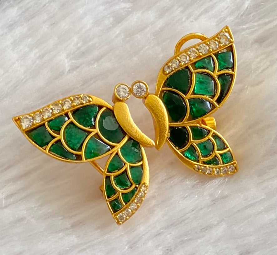 Gold tone green-white kundan jadau butterfly earrings dj-53531