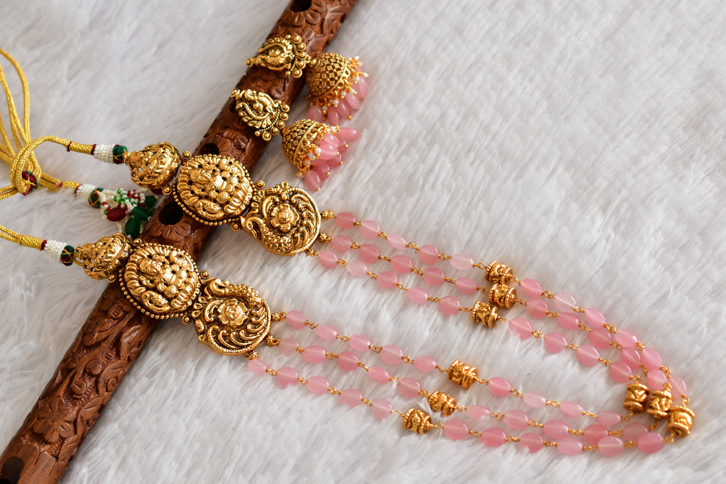 Antique gold tone baby pink beaded lakshmi peacock multi layer haar set dj-52426
