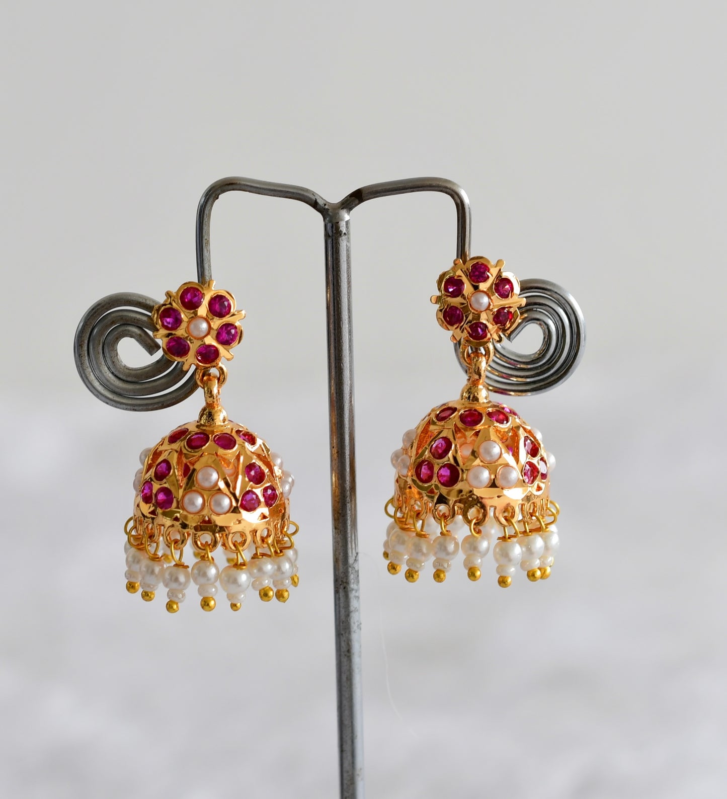 Gold tone ad pink pearl jhumkka dj-51889