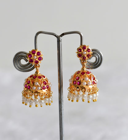 Gold tone ad pink pearl jhumkka dj-51889