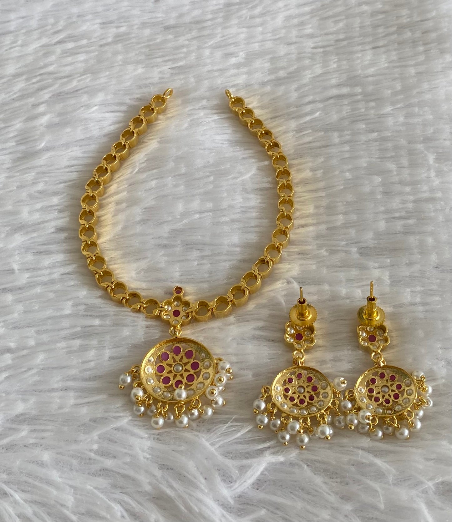 Gold tone pink stone pearl south Indian style necklace set dj-54406