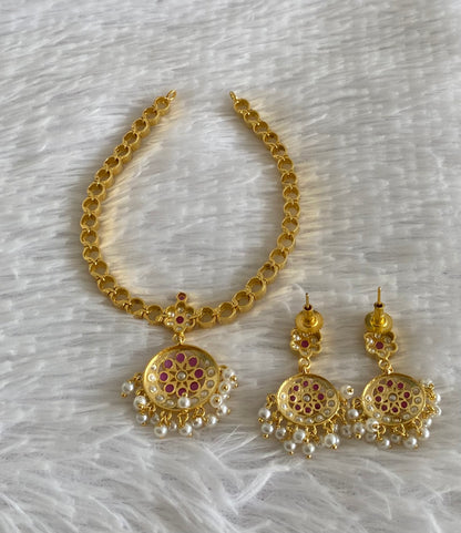 Gold tone pink stone pearl south Indian style necklace set dj-54406