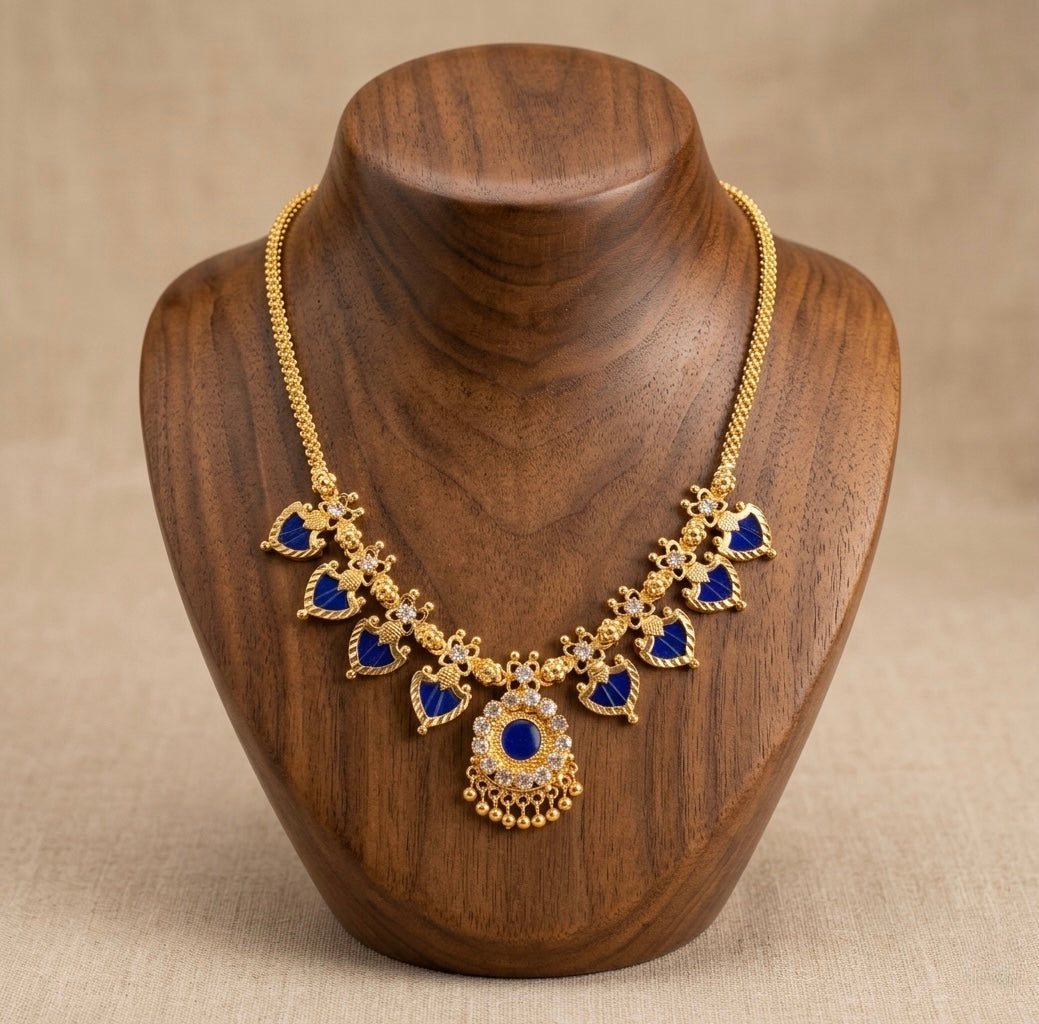 Gold tone white-blue palakka necklace dj-53059