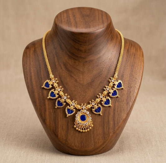 Gold tone white-blue palakka necklace dj-53059