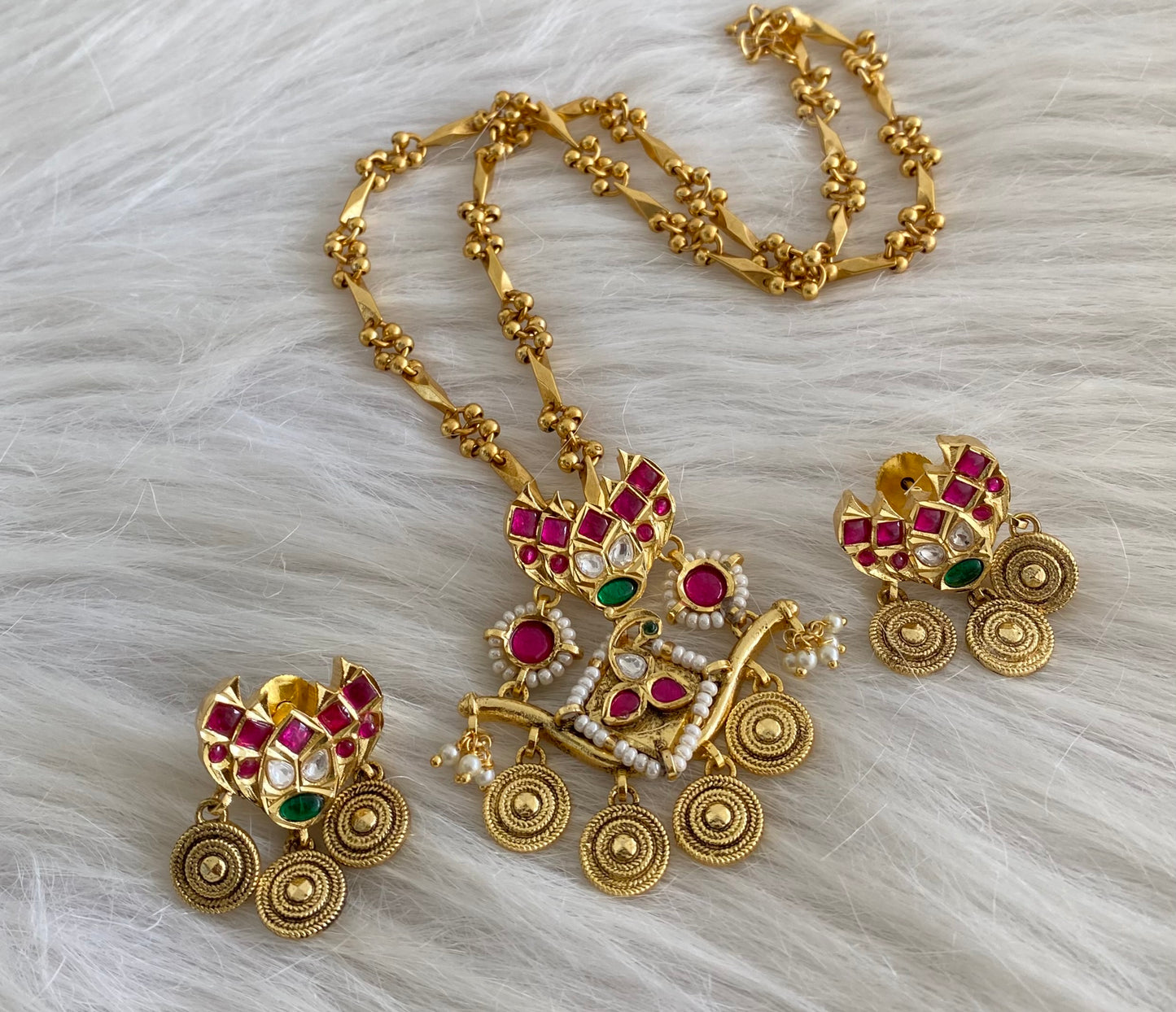 Antique gold tone Kundan jadau peacock pearl chain with pendant set dj-53854