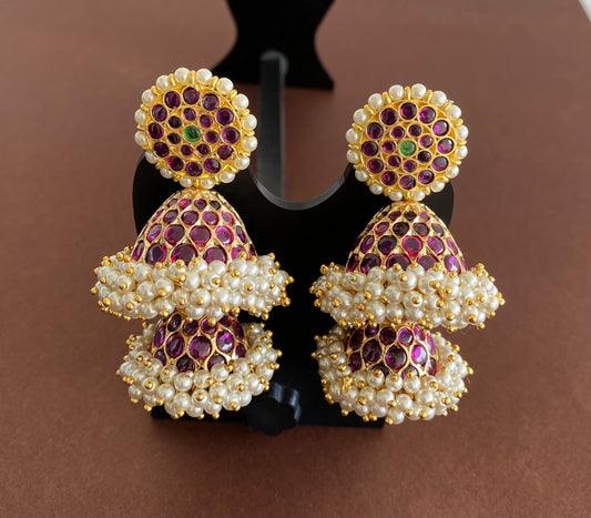 Gold tone precious kemp-green stone pearl big step jhumkka dj-53214