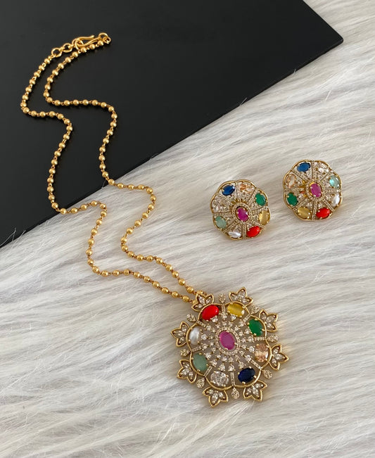 Antique gold tone chain with navarathna pendant set dj-54259