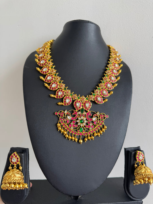 Matte Gold Look Alike White Kemp-green Mango Kundan jadau Necklace Set DJ33259