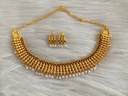 Gold tone kerala style elakka pink stone pearl choker necklace set dj-54624