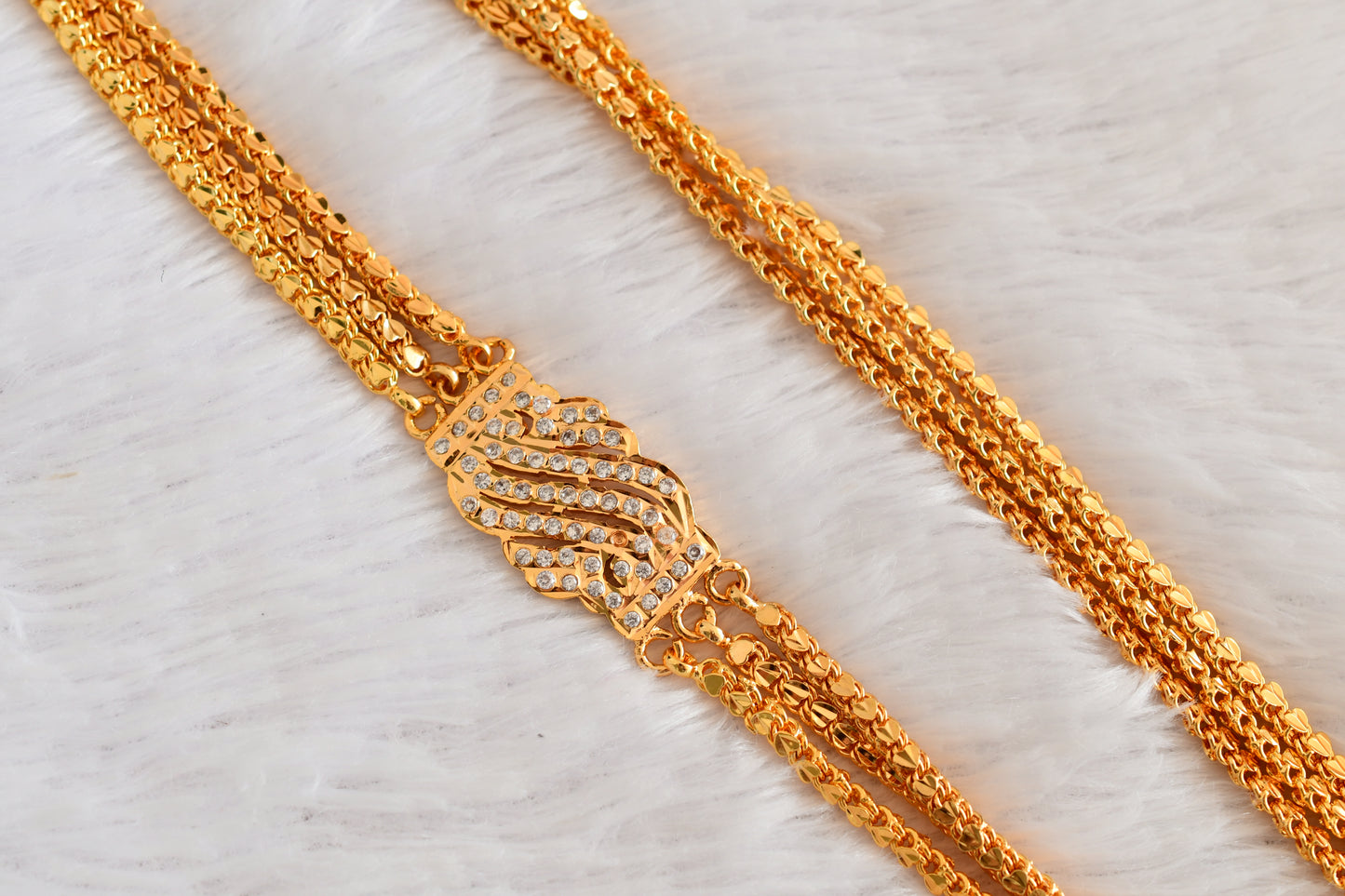 Gold tone 24 inches white triple layer mugappu chain Dj-53311
