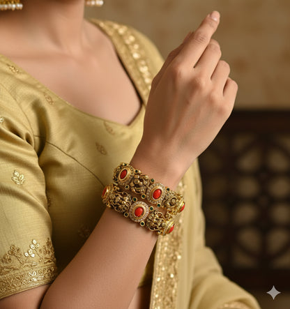 Antique gold tone cz coral-green lakshmi-peacock bangles(2.6) dj-50939