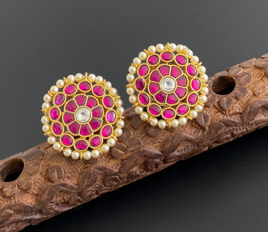 Gold tone pink-white pearl kundan jadau flower stud/earrings dj-53547