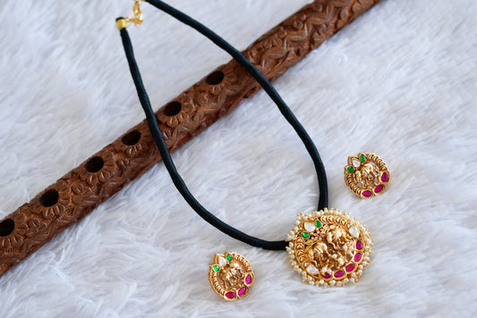 Matte finish pink-green kundan jadau black thread necklace set dj-52407