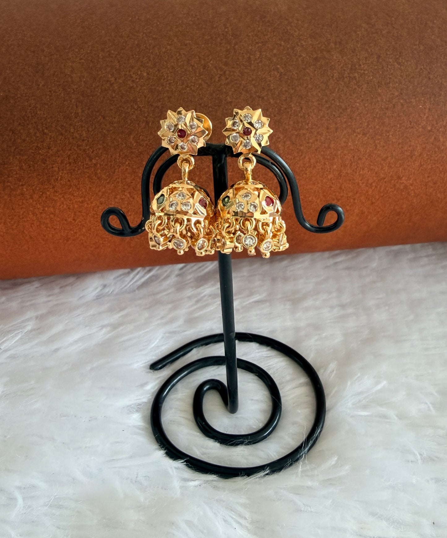 Gold tone AD pink-green-white south Indian flower jhumkka dj-53268