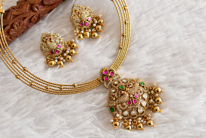 Antique gold tone pink-green kundan jadau kante necklace set dj-52419