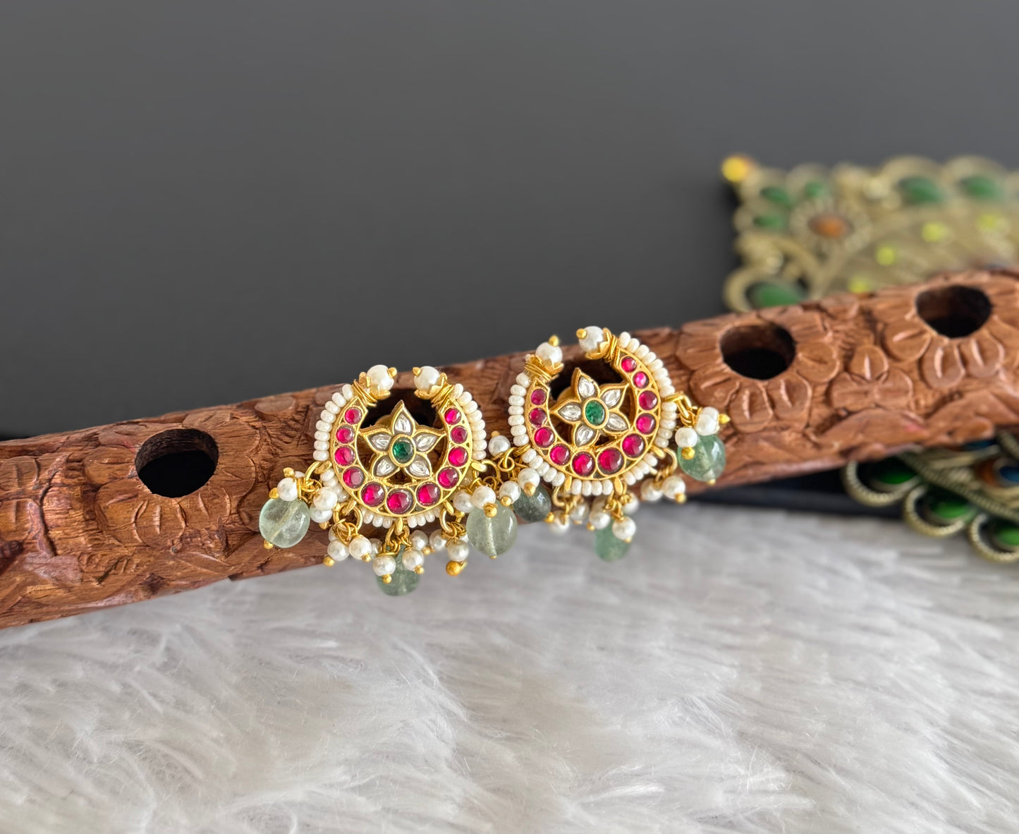 Gold tone pink-white kundan jadau green moon big stud/earrings dj-51502