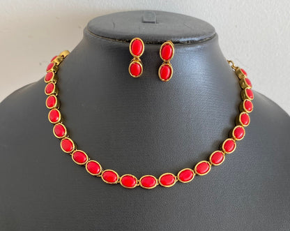 Antique gold tone coral oval stone necklace set dj-54082