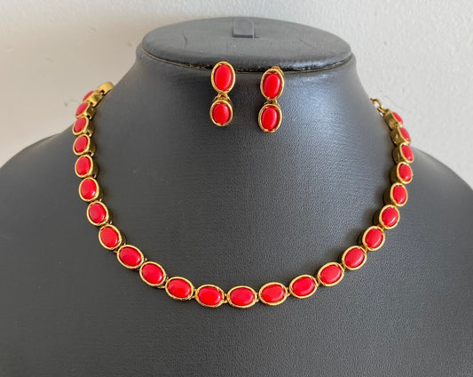 Antique gold tone coral oval stone necklace set dj-54082
